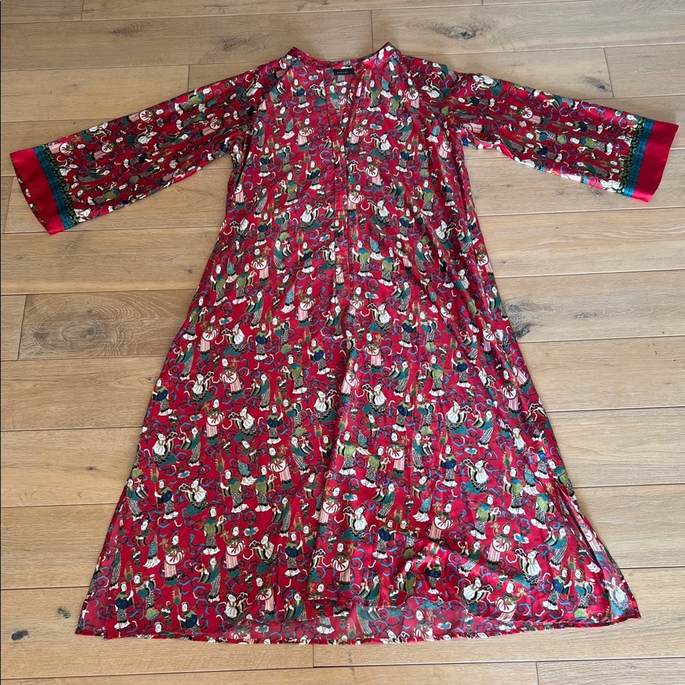 Natori Zip Front Vibrant Red Printed Maxi Dress Nightgown